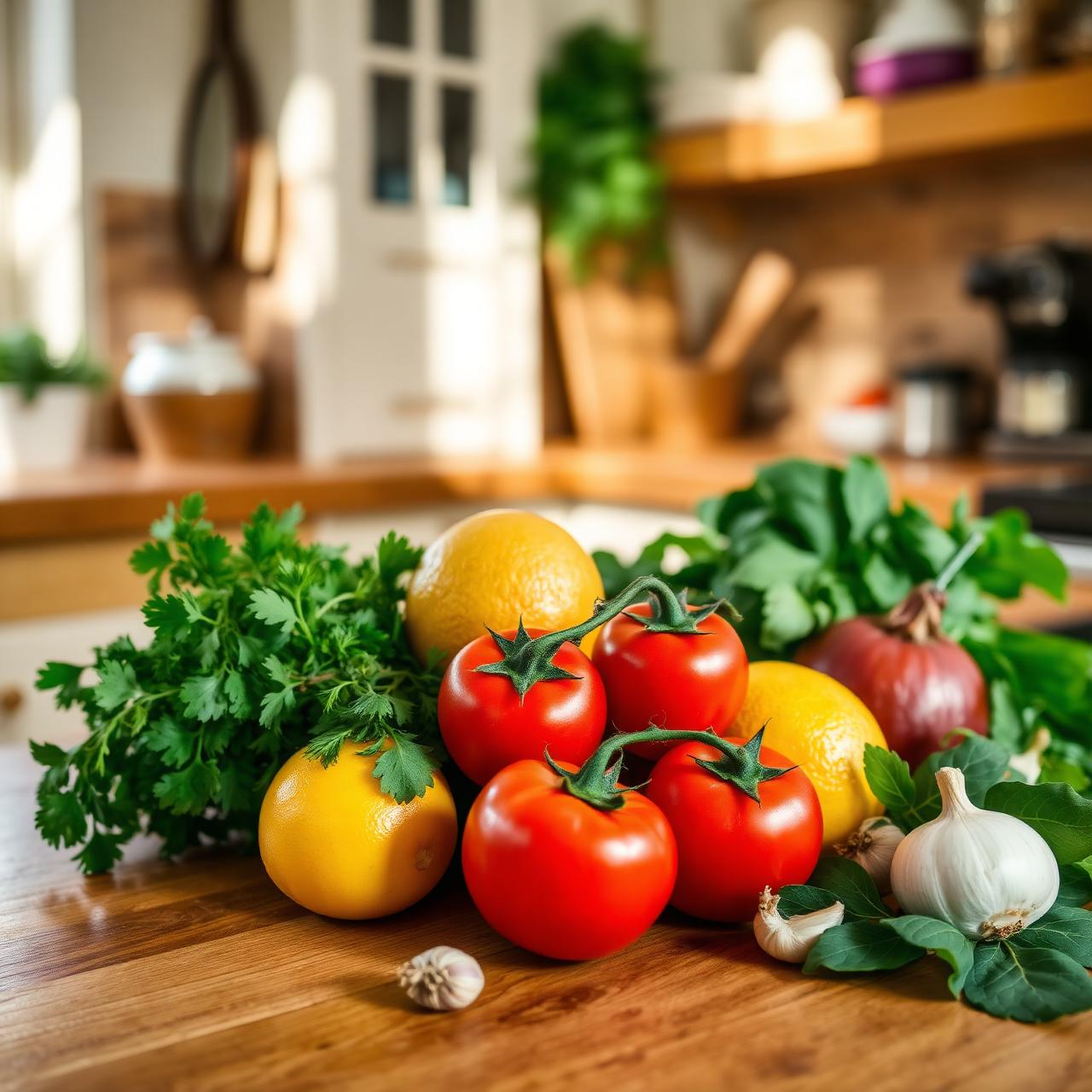 Fresh tomatoes, lemons, herbs and garlic on a warm wooden kitchen counter
