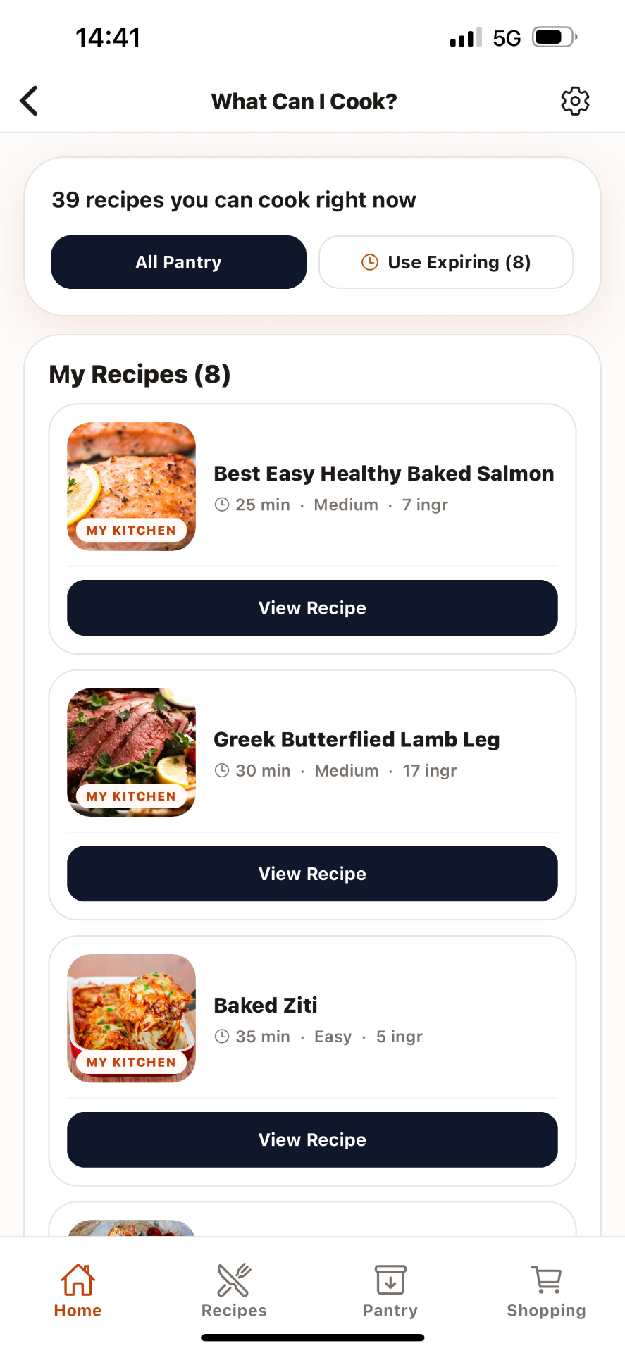 Trova app screen showing 39 recipes you can cook right now